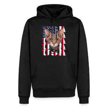USA Chat Sphynx devant le drapeau - Sweat à capuche Premium bio Homme - noir - Devant - Nico (187cm)