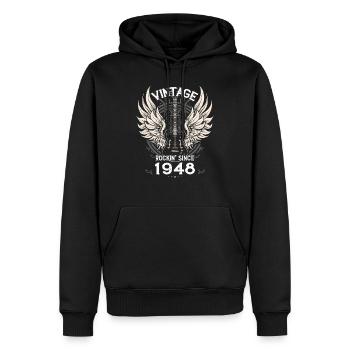 Vintage Rockin' seit 1948, 77 Jahre Bold - Männer Premium Bio Hoodie - Schwarz - Vorne - Nico (187cm)