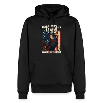 Né libre en 1956 – 69 ans Libre à cause de - Sweat à capuche Premium bio Homme - noir - Devant - Nico (187cm)