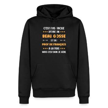 Prof de francais - Sweat à capuche Premium bio Homme - noir - Devant - Nico (187cm)