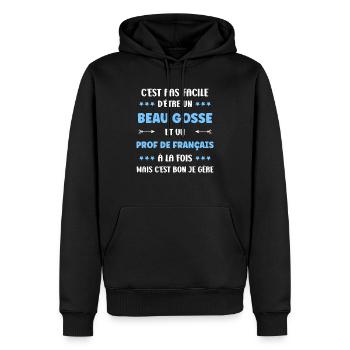 Prof de francais - Sweat à capuche Premium bio Homme - noir - Devant - Nico (187cm)
