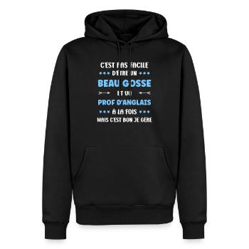 prof anglais - Sweat à capuche Premium bio Homme - noir - Devant - Nico (187cm)