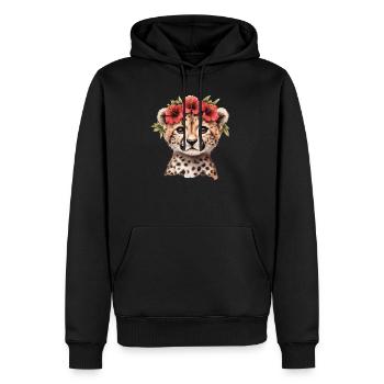 Guépard à l’hibiscus - Sweat à capuche Premium bio Homme - noir - Devant - Nico (187cm)