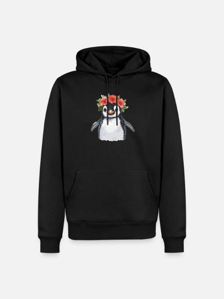 Pinguin mit Blütenkranz - Männer Premium Bio Hoodie - Schwarz