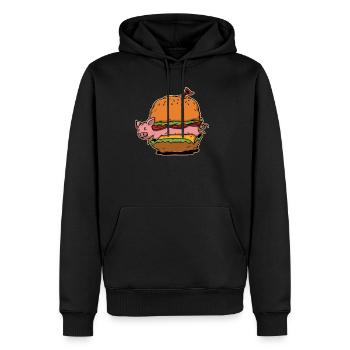 Funny Hamburger Cheese Burger Pig Fast Food - Men’s Premium Organic Hoodie - black - Front - Nico (187cm)