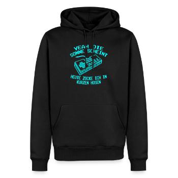 Yeah die Sonne scheint heute zocke ich in kurzen - Männer Premium Bio Hoodie - Schwarz - Vorne - Nico (187cm)