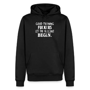 Bonsoir du matin, laissez la connerie commencer drôle - Sweat à capuche Premium bio Homme - noir - Devant - Nico (187cm)
