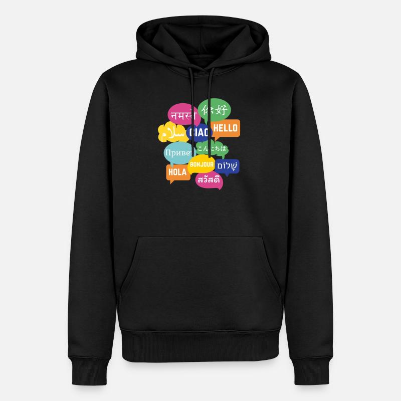 Conception colorée de bulle de discours "Bonjour", de nombreuses langues - Sweat à capuche Premium bio Homme - noir