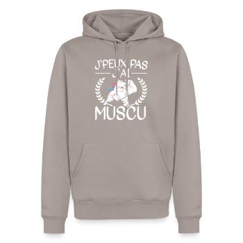 Je Peux Pas J'Ai Muscu Licorne - Sweat à capuche Premium bio Homme - taupe - Devant - Nico (187cm)