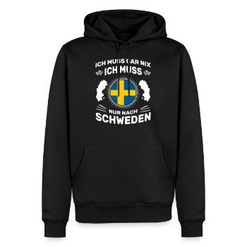 Spruch Ich muss gar nix Ich muss nur nach Schweden - Männer Premium Bio Hoodie - Schwarz - Vorne - Nico (187cm)