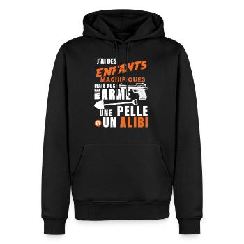 Papa enfants et Alibi Citation drole idée cadeau - Sweat à capuche Premium bio Homme - noir - Devant - Nico (187cm)