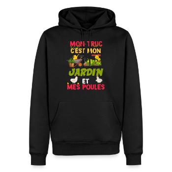 Jardin et poule le bonheur. Idée cadeau jardinage - Sweat à capuche Premium bio Homme - noir - Devant - Nico (187cm)