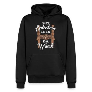 Mei Lederhosn is in da Wäsch Lederhose Tracht - Männer Premium Bio Hoodie - Schwarz - Vorne - Nico (187cm)