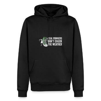 Läufer schauen nicht nach Wetter - Laufmotivation - Männer Premium Bio Hoodie - Schwarz - Vorne - Nico (187cm)
