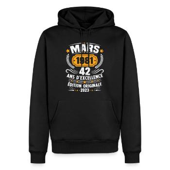 Cadeau D'anniversaire 42 Ans Mars 1981 Vintage - Sweat à capuche Premium bio Homme - noir - Devant - Nico (187cm)