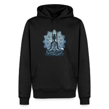 Le silence du yoga : une silhouette en pose avec M - Sweat à capuche Premium bio Homme - noir - Devant - Nico (187cm)