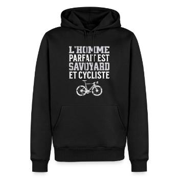 L'Homme Parfait Est Savoyard Cycliste - Sweat à capuche Premium bio Homme - noir - Devant - Nico (187cm)