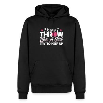 Je sais que je lance comme une fille - Sweat à capuche Premium bio Homme - noir - Devant - Nico (187cm)