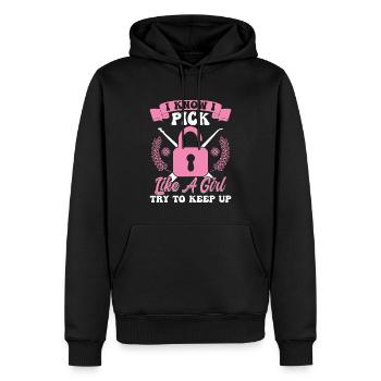 I Know I Pick Like A Girl - Try To Keep Up - Men’s Premium Organic Hoodie - black - Front - Nico (187cm)