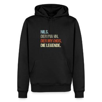 Nils der Mann der Mythos die Legende - Männer Premium Bio Hoodie - Schwarz - Vorne - Nico (187cm)