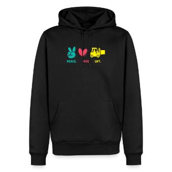 Peace. Love. Lift. - Forklift Operator - Men’s Premium Organic Hoodie - black - Front - Nico (187cm)