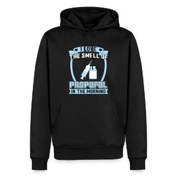 J’aime l’odeur du propofol le matin - Sweat à capuche Premium bio Homme - noir - Devant - Nico (187cm)
