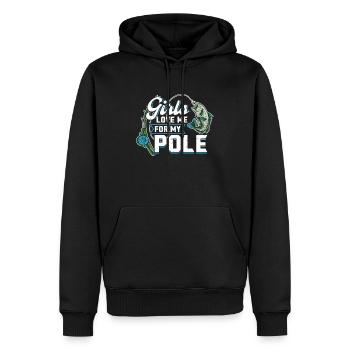 Les filles m’aiment pour ma perche - Pêche - Sweat à capuche Premium bio Homme - noir - Devant - Nico (187cm)