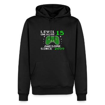 Niveau 15 débloqué, légendaire depuis 2009 - Sweat à capuche Premium bio Homme - noir - Devant - Nico (187cm)