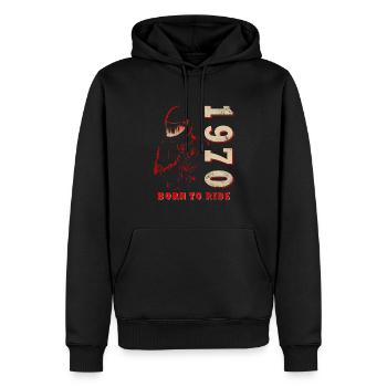 Rétro des années 1970 Moto Moto Anniversaire des années 1970 - Sweat à capuche Premium bio Homme - noir - Devant - Nico (187cm)