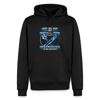 Installer God created him because engineers also - Men’s Premium Organic Hoodie - black - Front - Nico (187cm)
