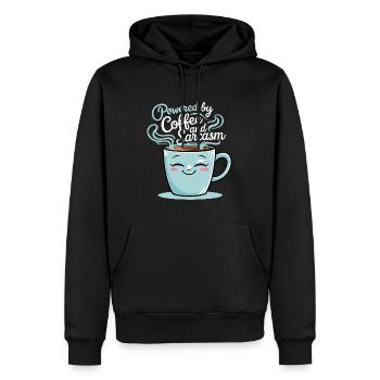 Powered by Coffee and Sarcasm - Men’s Premium Organic Hoodie - black - Front - Nico (187cm)