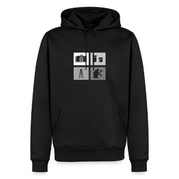 Appareil photo, Photographe de nature, Photographe animalier - Sweat à capuche Premium bio Homme - noir - Devant - Nico (187cm)