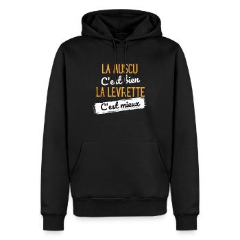 La muscu c'est bien la levrette c'est mieux - Sweat à capuche Premium bio Homme - noir - Devant - Nico (187cm)