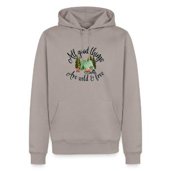 Toutes les bonnes choses sont sauvages et gratuites - Sweat à capuche Premium bio Homme - taupe - Devant - Nico (187cm)