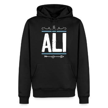 Ali - Männer Premium Bio Hoodie - Schwarz - Vorne - Nico (187cm)