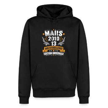 Vintage Cadeau Mars 2010, 13 Ans Anniversaire - Sweat à capuche Premium bio Homme - noir - Devant - Nico (187cm)