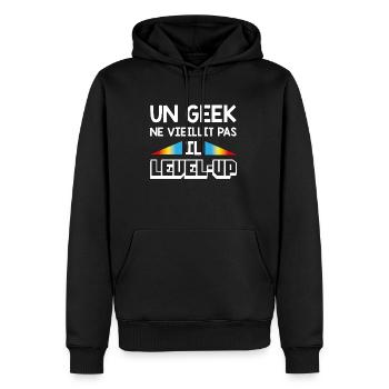 Un geek ne vieillit pas, il level-up - Sweat à capuche Premium bio Homme - noir - Devant - Nico (187cm)