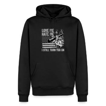 Drôle d’électricien haute tension disant électricité - Sweat à capuche Premium bio Homme - noir - Devant - Nico (187cm)
