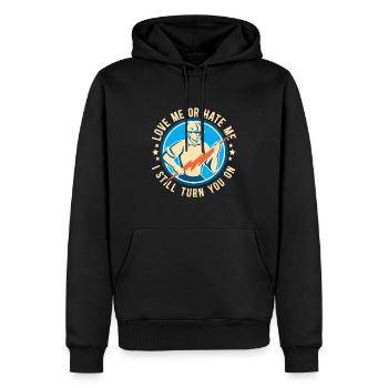 Drôle d’électricien haute tension disant électricité - Sweat à capuche Premium bio Homme - noir - Devant - Nico (187cm)
