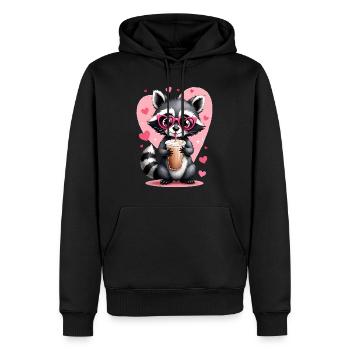 Süßer Waschbär mit Kaffee, umgeben von Herzen - Männer Premium Bio Hoodie - Schwarz - Vorne - Nico (187cm)