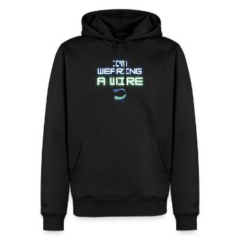 Humoristique Je porte un jeu de mots sur le fil Aides auditives - Sweat à capuche Premium bio Homme - noir - Devant - Nico (187cm)