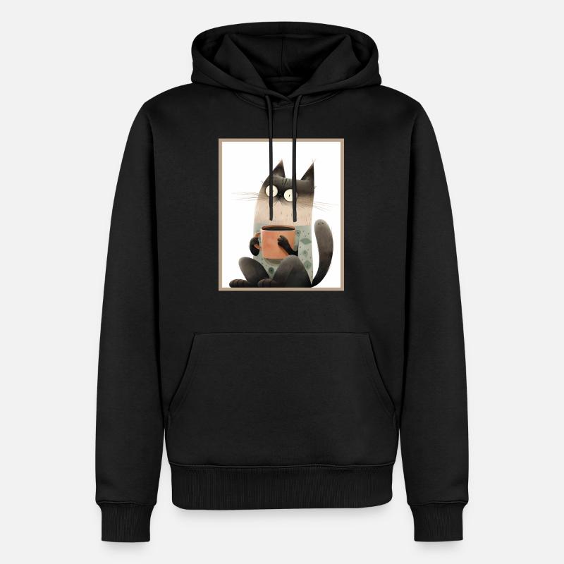 Katze mit Kaffeetasse - Männer Premium Bio Hoodie - Schwarz