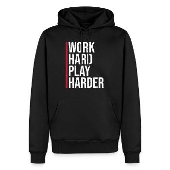 Work Hard Play Harder Lustiger Motivation Spruch - Männer Premium Bio Hoodie - Schwarz - Vorne - Nico (187cm)