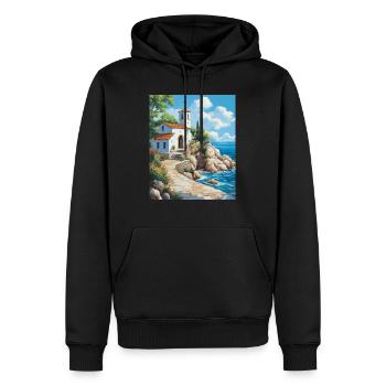 L’église chrétienne au bord de la mer en Grèce - Sweat à capuche Premium bio Homme - noir - Devant - Nico (187cm)