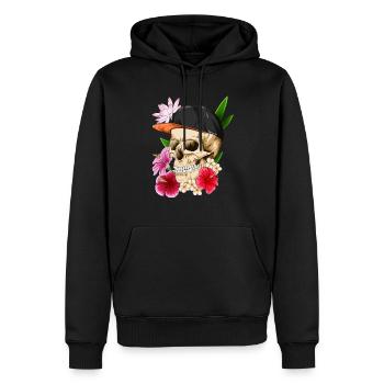 Totenkopf mit Mütze und blumen - Männer Premium Bio Hoodie - Schwarz - Vorne - Nico (187cm)