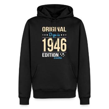 Original seit 1946 – 80-jähriges Jubiläum - Männer Premium Bio Hoodie - Schwarz - Vorne - Nico (187cm)