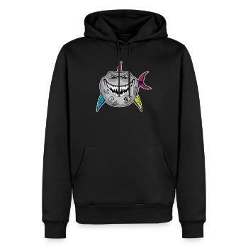 Tattooierter Hai-Cartoon mit Totenkopfflossen - Männer Premium Bio Hoodie - Schwarz - Vorne - Nico (187cm)