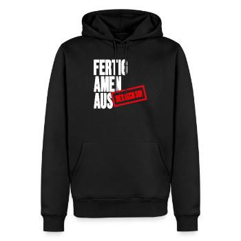 Großbuchstaben Stempelbanner - Fertig Amen Aus - Männer Premium Bio Hoodie - Schwarz - Vorne - Nico (187cm)