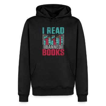 Je lis la bibliothèque de livres interdits - Sweat à capuche Premium bio Homme - noir - Devant - Nico (187cm)