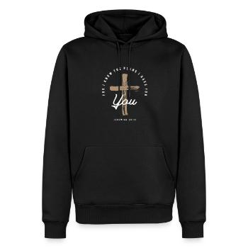 Religious Bible Verse Cross Jeremiah 29:11 - Men’s Premium Organic Hoodie - black - Front - Nico (187cm)